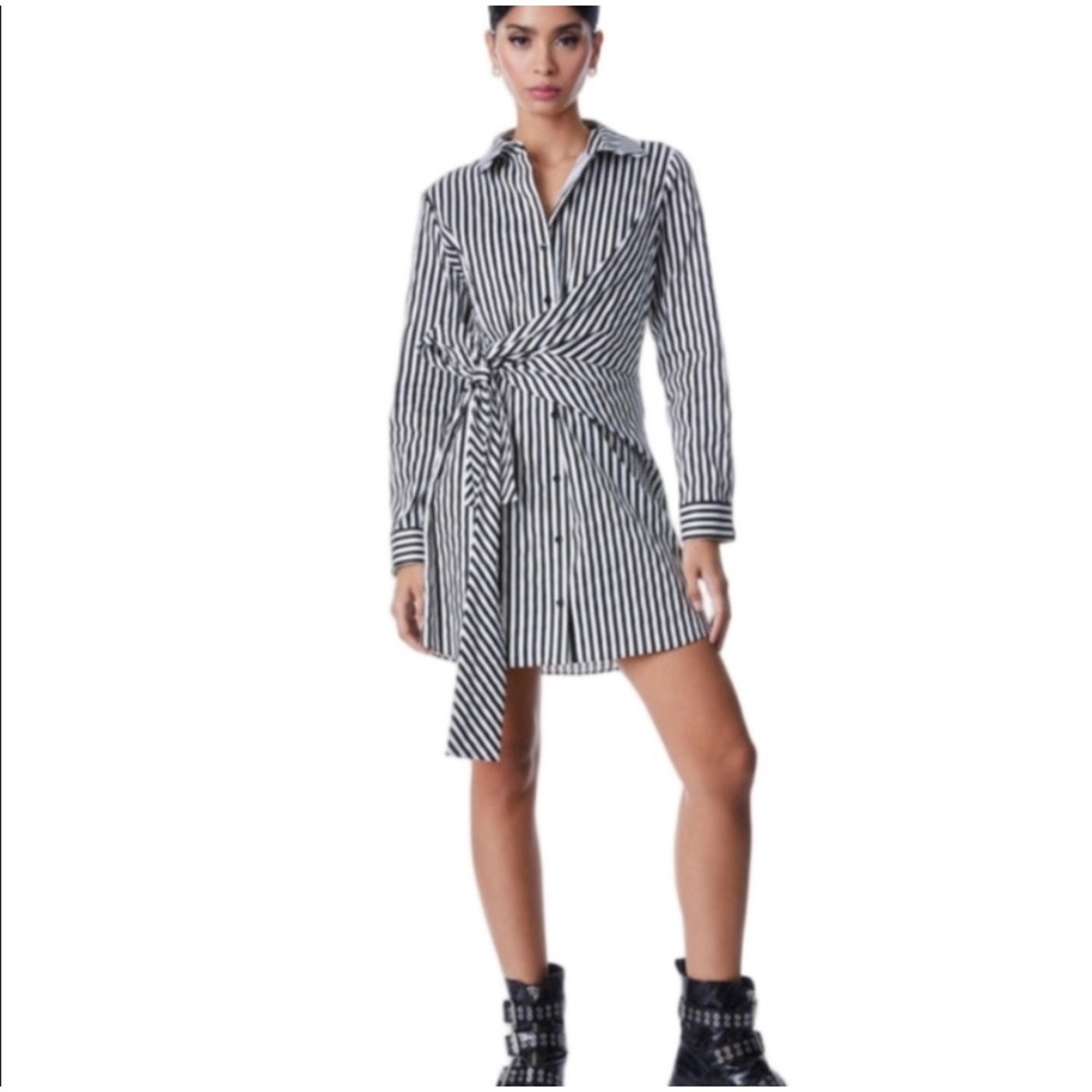Alice + Olivia Reina Draped Shirt Dress Black White Striped Tie Waist XS